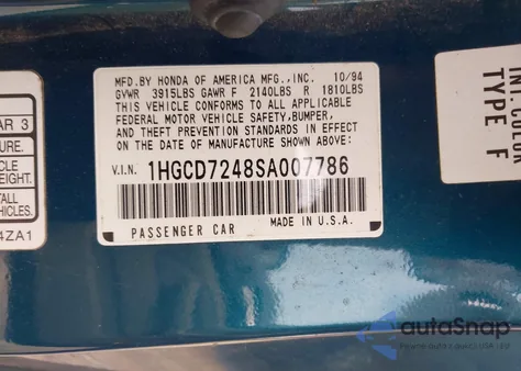 1995 Honda Accord Lx z USA, uszkodzony, nr VIN 1HGCD7248SA007786